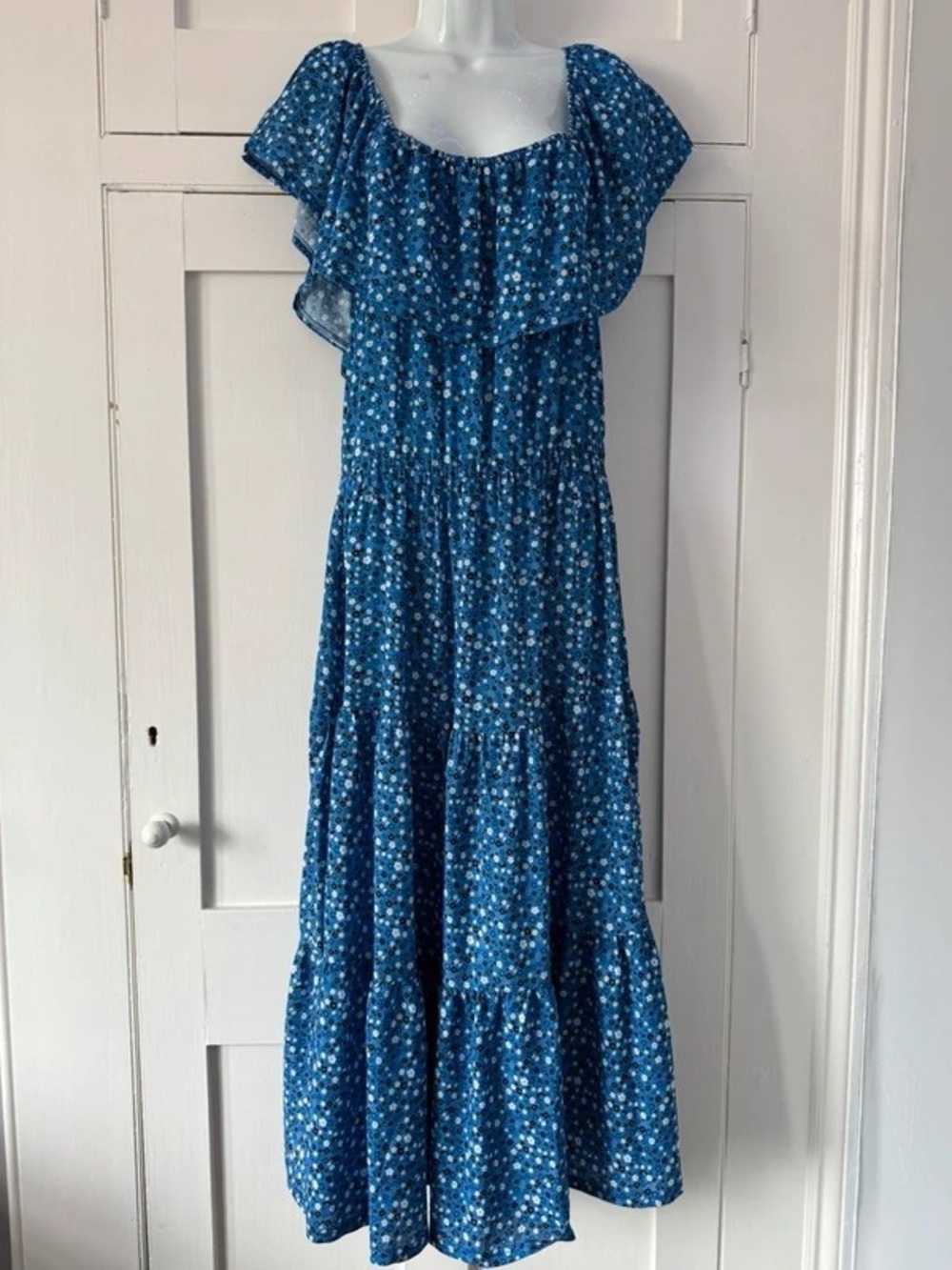 Blue Floral Tiered Maxi Dress with Ruffle Yoke